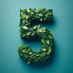 Number 5 in Greenery: A Botanical Artwork on a Teal Background