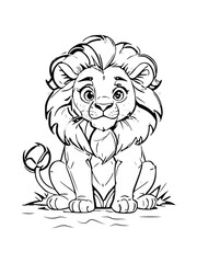 Sweet Lion Character Cartoon Outline Suitable for Coloring Books, Cute Animal Line Art