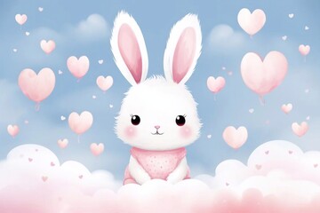 
Hello Bunny. Lovely Nursery Art and Seamless Vector Pattern with Hand Drawn Clouds, Bunny and Hearts Isolated on a White Background. Cute Illustration ideal for Kids Room Decoration, Wall Art, Card