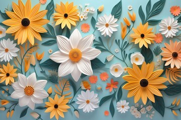 Fototapeta na wymiar Hello spring text vector banner greetings design with colorful flower elements like daisy and sunflower in green floral background for spring season. Vector illustration
