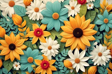 
Hello spring text vector banner greetings design with colorful flower elements like daisy and sunflower in green floral background for spring season. Vector illustration