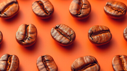 Gourmet Dark Coffee Beans Over Vibrant Orange Texture Close-Up