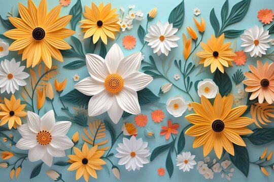 
Hello spring text vector banner greetings design with colorful flower elements like daisy and sunflower in green floral background for spring season. Vector illustration