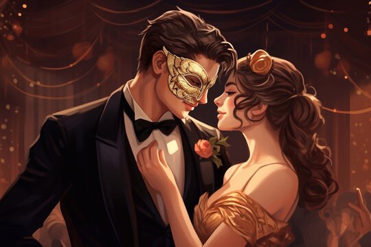 
Illustration of a Couple at a Masquerade Ball Removing Their Masks