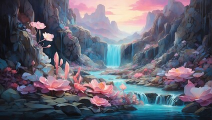  a fantastical landscape with a river running through a valley with pink flowers and a waterfall at the end. The sky is a pink and orange gradient, and the rocks are dark grey. - obrazy, fototapety, plakaty