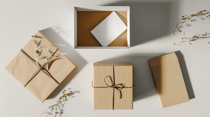 3D rendering of an open and closed white realistic cardboard box with brown paper, accompanied by a business card on a light background, emphasizing the concept of business gifts.