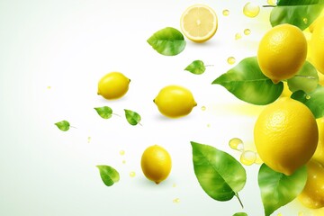 Flying Lemon with green leaf on transparent background. Lemon citrus background.  Lemon falling from different angles. Focused and blurry fruits