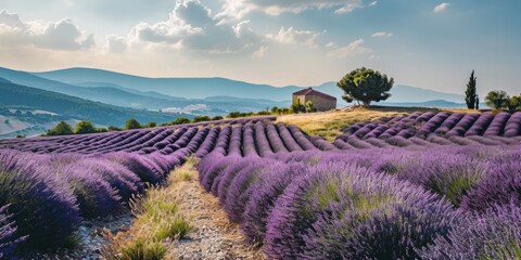 Lavender Dreamscape: Stone Cottage Charm, Generative AI