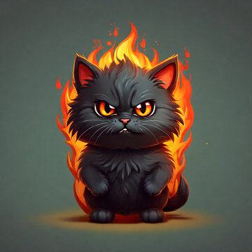 illustration of a black kitten with fire behind it