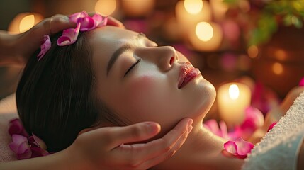 Obraz na płótnie Canvas massage room,light form cndle,pink lotus petals,thai girls being head massaged,closeup shot,portait,realistic 