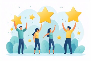 
People Characters Giving Five Star Feedback. Vector customer review concepts. Reviews stars with good and bad rate and text