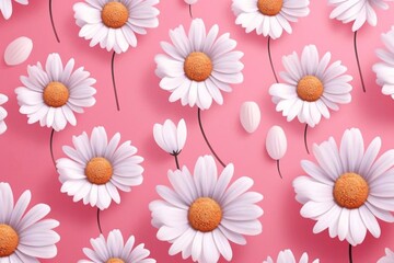 Seamless pattern with daisy flower and hearts on pink background vector