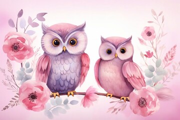 Seamless watercolor hand drawn pattern with cute little girls owls and flowers on pink background for children and newborn fabric