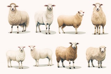 Naklejka premium Set of male and female farm animals. Sheep, ram and lamb icons. Wool and meat production. Sheeps in different poses isolated on white background. Vector flat or cartoon illustration