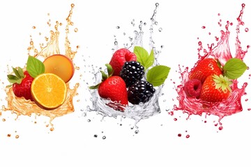Set of labels of of fruit in juice splashes. Mango, strawberry, raspberry, blackberry