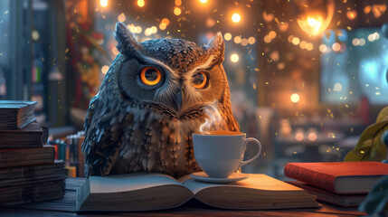 Owl with Coffee and Books in Cozy Ambiance.