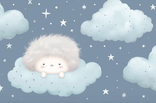 Sweet Dreams. Baby card and seamless vector pattern with cute hand drawn fluffy hedgehog, cloud and stars. Funny reversible print with white clouds isolated on light gray background, perfect for fabri