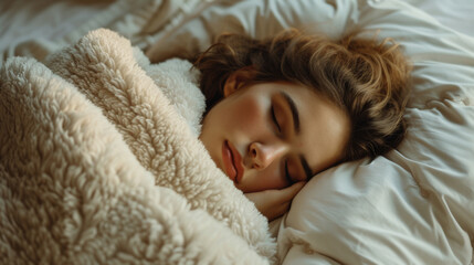 Obraz premium Young Woman Enjoying Peaceful Sleep in Cozy Bed