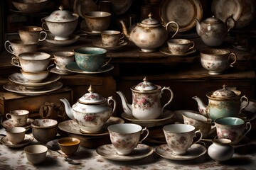 Obraz na płótnie Canvas A beautifully weathered, aged surface serving as a backdrop for an array of antique teacups and a teapot, invoking a sense of history and refinement