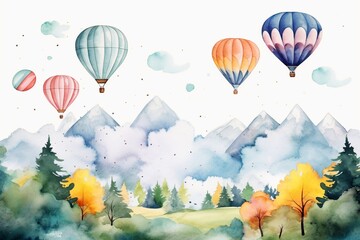 Fototapeta premium watercolor Air ballons landscape