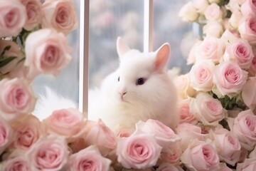 white rabbit looks out of a frame made of pink roses, drawn