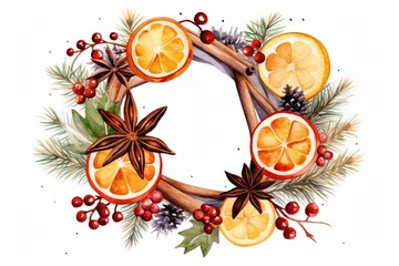 
Wreath with watercolor mulled wine ingredients – cinnamon sticks, orange, anise star for autumn and Christmas decoration