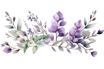 Watercolor Eucalyptus Leaves and Purple Lavender Flower Border for Rustic Wedding Invitations