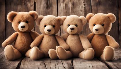Brown teddy bears on wooden background