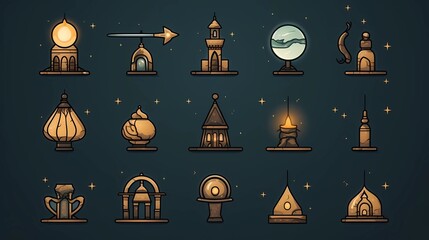 Set of Ramadan icon decorations on isolated background 