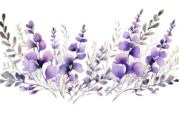 Fototapeta na wymiar Watercolor Eucalyptus Leaves and Purple Lavender Flower Border for Rustic Wedding Invitations