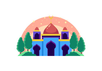 Simple Cute Small Blue Mosque With Trees Illustration