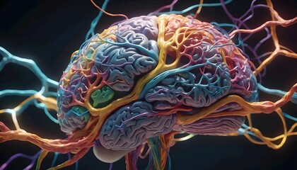 Cross section of the human brain, showcasing different regions and their functions, surrounded by neural connections ai generated