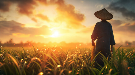 Fototapeta premium a farmer in rice field with natural on the background
