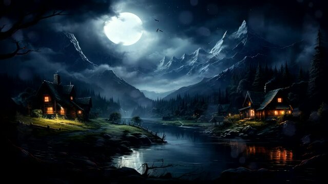 Nocturnal Valley: Houses Nestled Among Mountains and Trees by the River