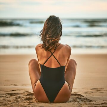 Mental health concept. Rear view of a depressed young woman in swimsuit sitting on the beach