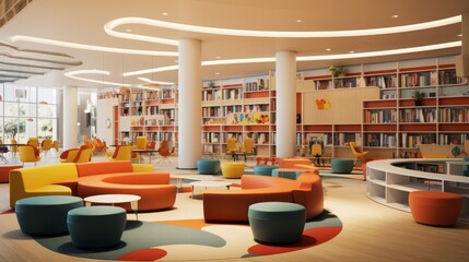 Modern library oasis: vibrant children's section, colorful reading nooks, and interactive learning spaces inspiring a passion for reading and exploration - obrazy, fototapety, plakaty