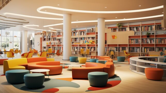Modern library oasis: vibrant children's section, colorful reading nooks, and interactive learning spaces inspiring a passion for reading and exploration