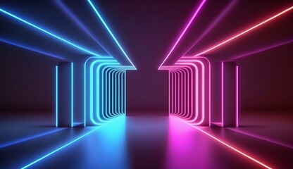Neon light geometric shape. Futuristic modern space design. Abstract background with smooth lines in blue and purple colors, 3d render, Mockup background.