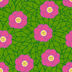 Pink flowers on a background of green leaves. Flowers and greenery of peonies. Seamless pattern. Background for cover, fabric, decor.