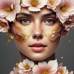 gentle beautiful woman face with soft pink flowers golden splash fashion banner