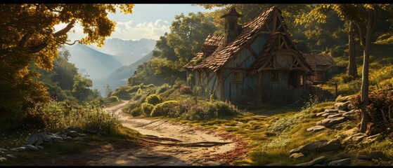 Fototapeta premium Sunset Over Stone Cottages, Enchanting Glow, Generative AI