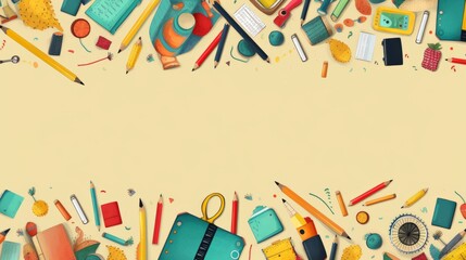 Colorful school supplies arranged neatly - educational utensils on a white background