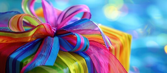 Fototapeta premium Vibrant colors and a multi-colored bow showcase the joy of a birthday gift.