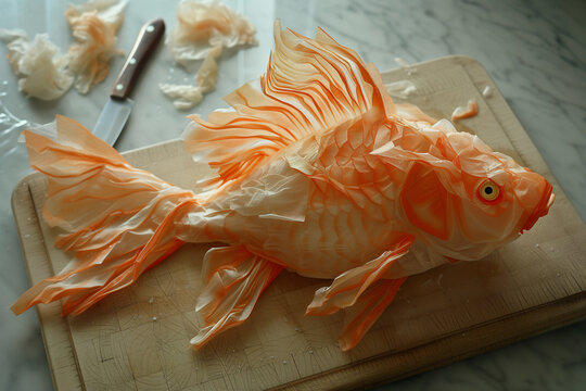 Fish sculpture made out of waste materials on a chopping board. Generative AI image.