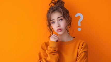 beauty girl wearing sweatshirt, question symbol confused face expression