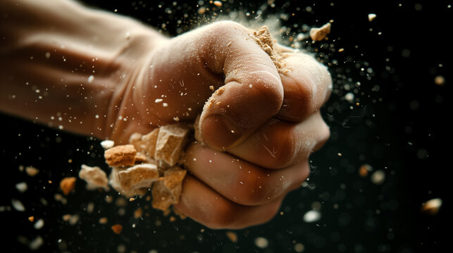 Fist crushing a biscuit with crumbs flying.