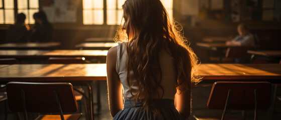 Fototapeta na wymiar Solitary Girl in Sunlit Classroom