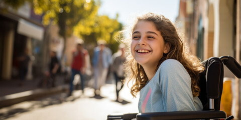 Fototapeta na wymiar Joyful Young Girl in Wheelchair on Sunny Street
