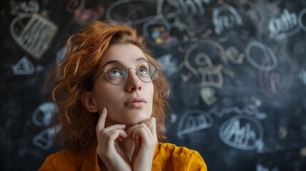 Young woman pondering with equations in background.