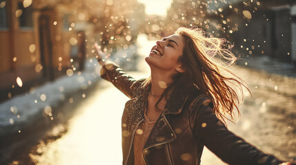 Joyful woman with arms open in sunlight.